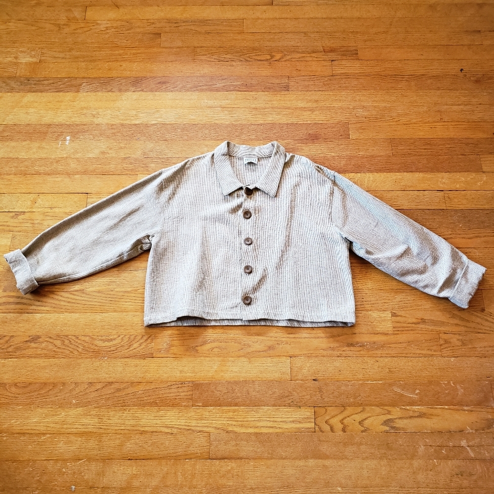 Textured Chico’s Cream Brown rolled long sleeve big button blouse collar Large L